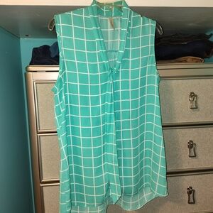 Tacera Teal Grid Sleeveless Tie-Neck Tunic